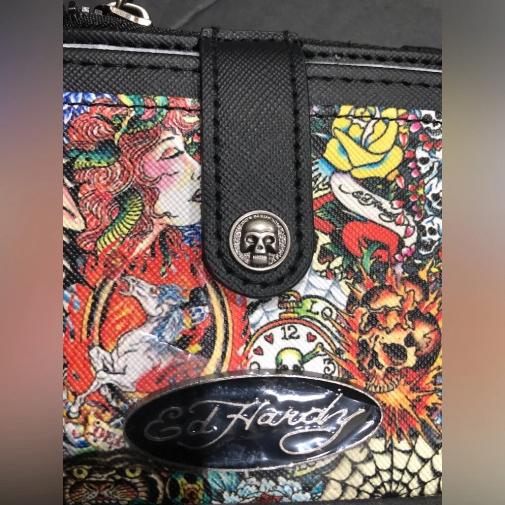 Ed Hardy black bifold‎ ed hardy multi graphics print slim card case brand new